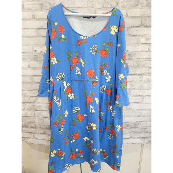 Lands' End Blue Red Floral Plus Size 2X Knee Length Pull On Dress 3/4" 2 pockets - Picture 2 of 15